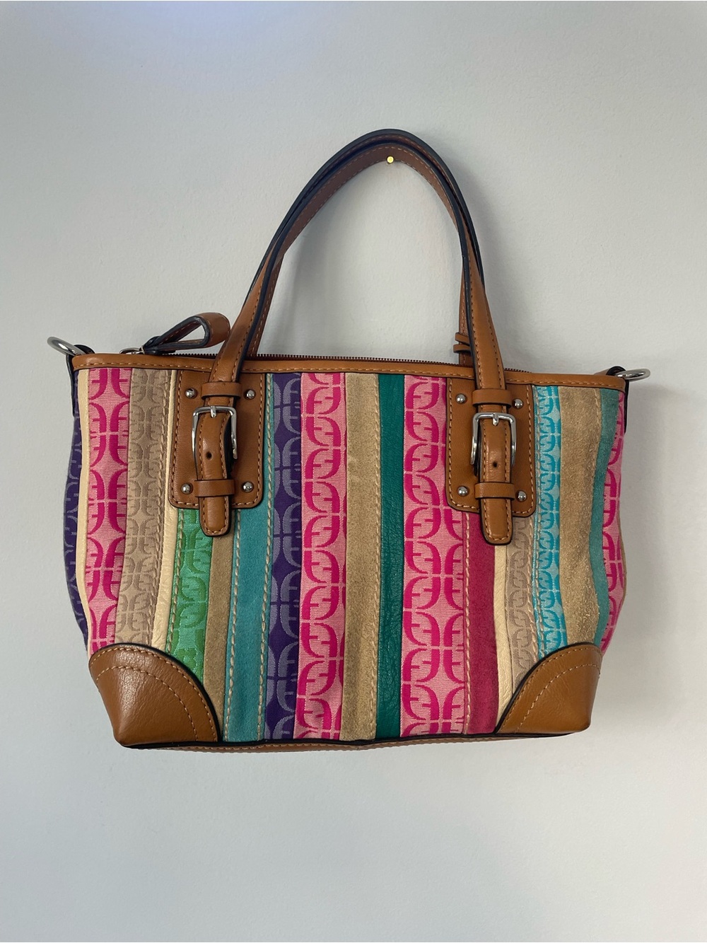 Vintage Y2K Fossil Multicolor Striped Satchel Bag with Tan Leather Trim